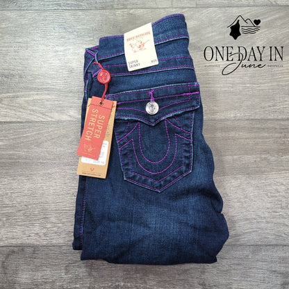 True Religion Super Skinny Jeans Neon Purple Stitch Distressed NWT Size 6 (28)