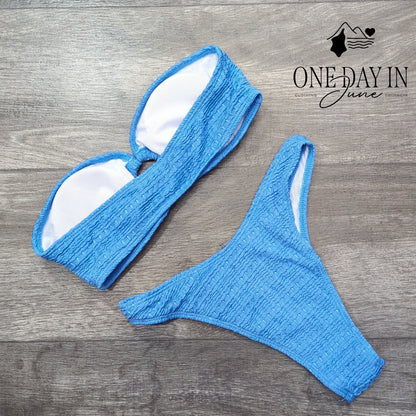 Adisputent Textured Bandeau Bikini Swimsuit Blue Ring Detail Size S