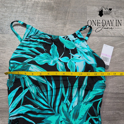 Jantzen High Neck Tropical One Piece Swimsuit Black Teal NWT $95 Size 6