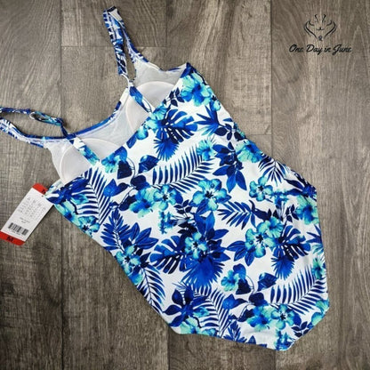 Christina One Piece Swimsuit Blue Tropical Floral Tummy Control NWT Size M