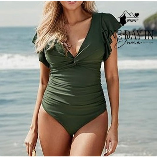 Blooming Jelly Lace Up Ruffle Shoulder One Piece Swimsuit Size M