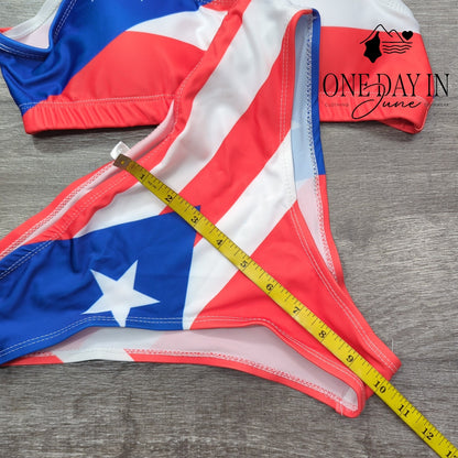 Adisputent Puerto Rico Flag Crop Top Bikini Swimsuit Red White Blue Size S