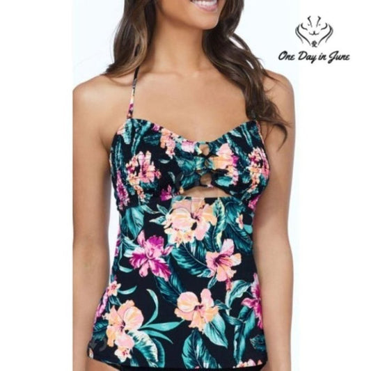 Ambrielle Smocked Floral Tankini Top Size S