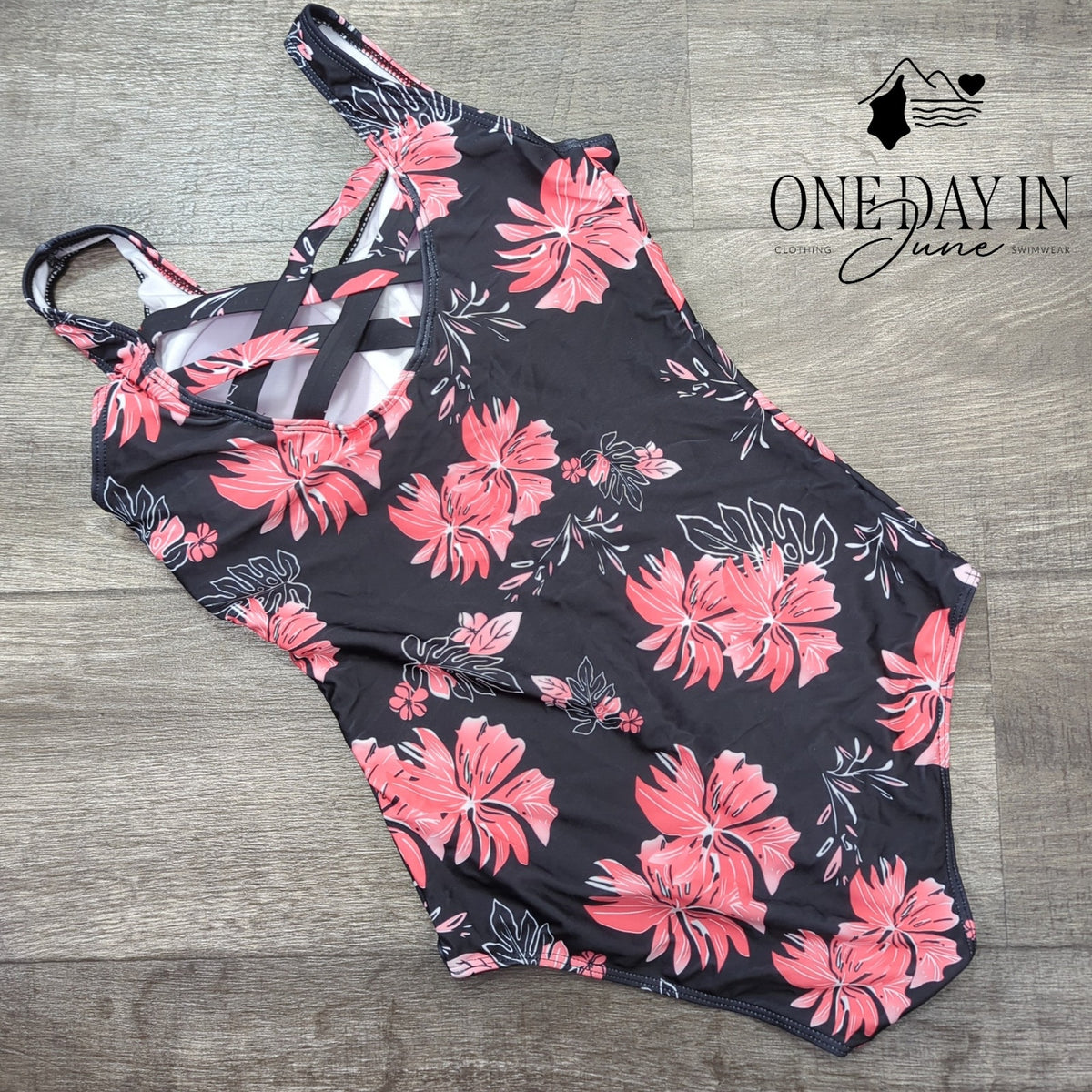 Zando Floral Cross Back One Piece Swimsuit Black Pink Tropical Size S