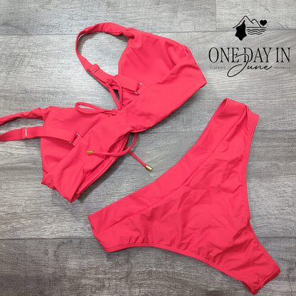 CharmLeaks Keyhole Lace Up Bikini Swimsuit Coral Red Gold Accent Size XL