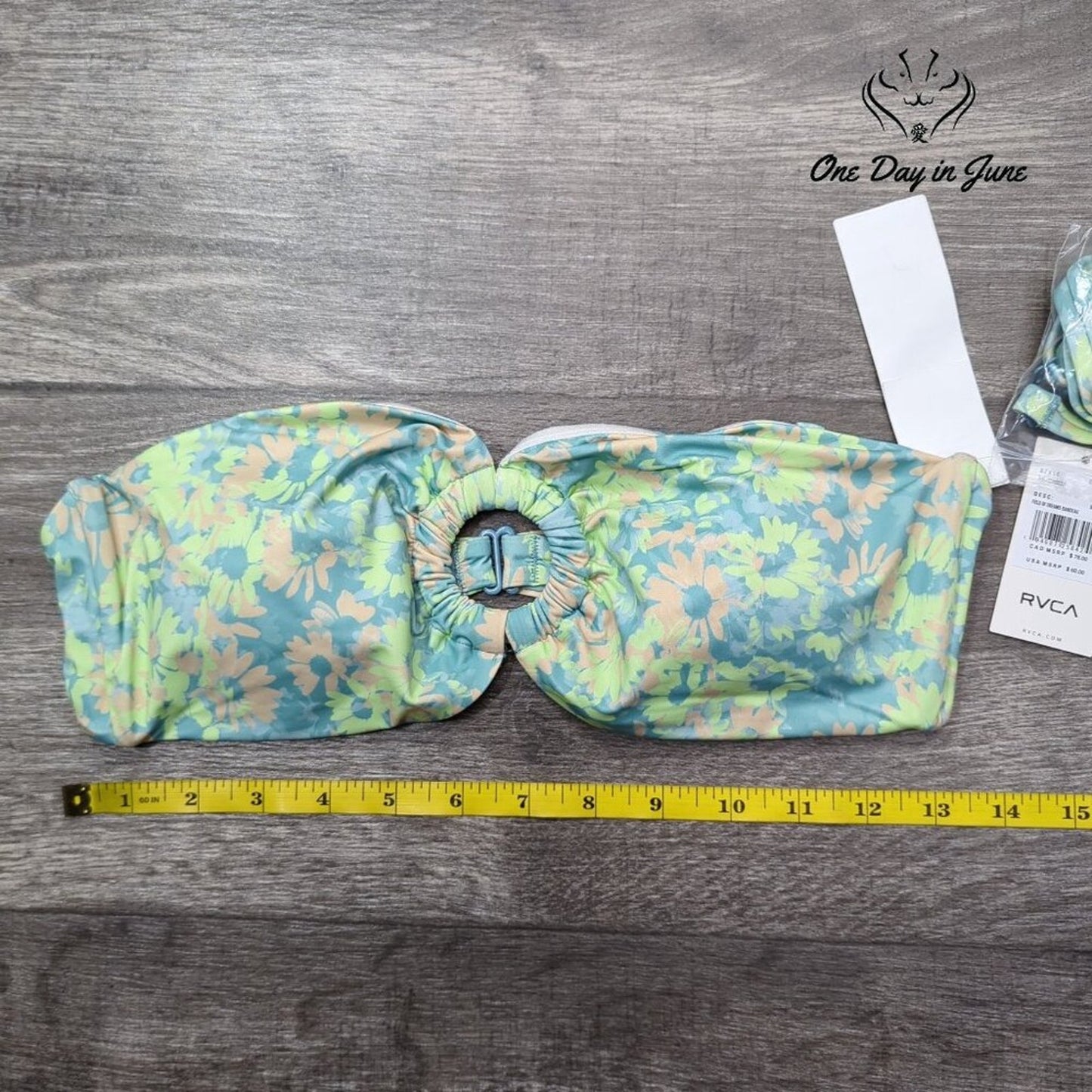 RVCA Field of Dreams Bandeau Bikini Top Blue Floral O Ring NWT Size L