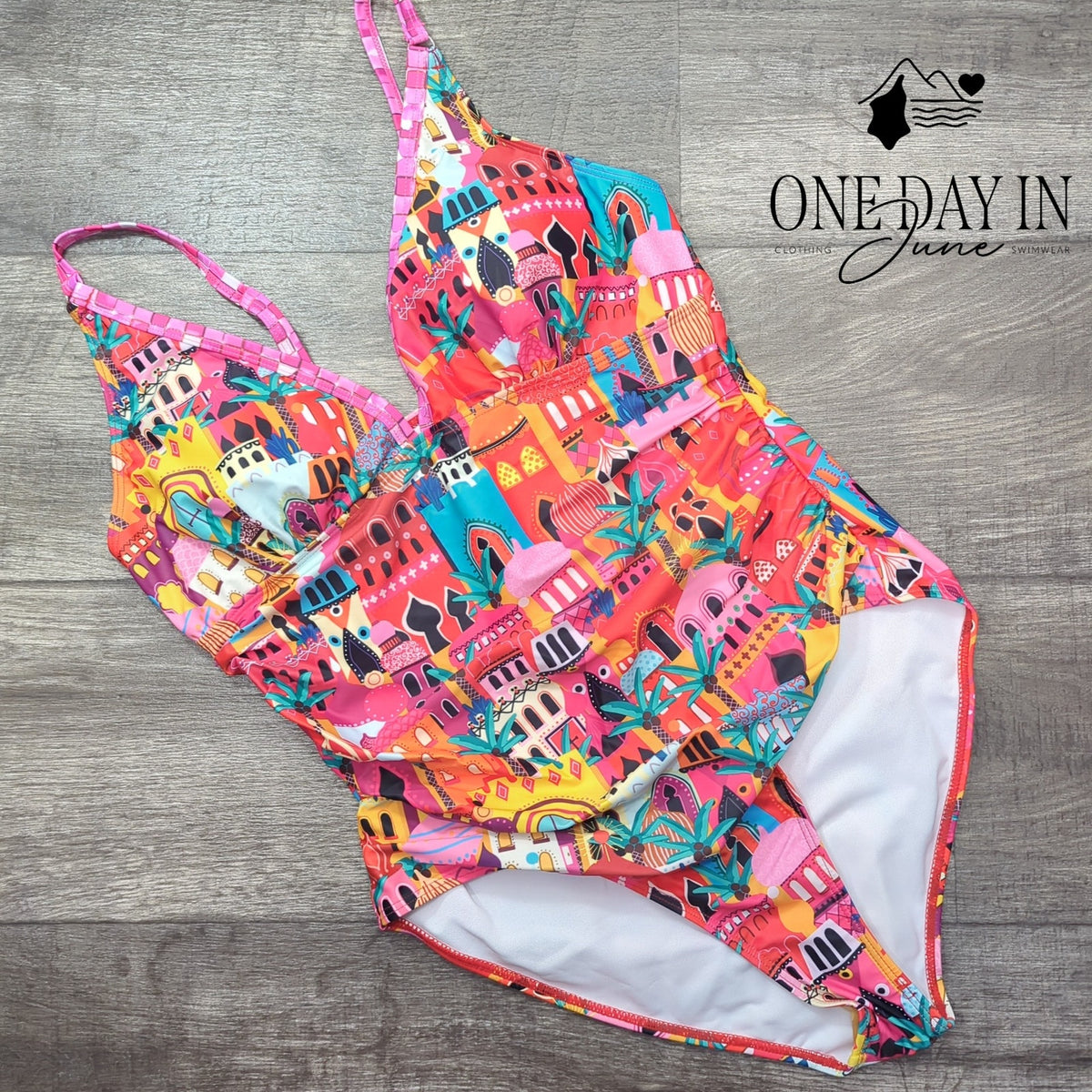 Sporlike Castle Print V Neck Ruched Tummy Control One Piece Swimsuit NWT Size L