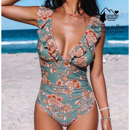 Cupshe Floral Tie Back Ruffle Shoulder One Piece Swimsuit Size M