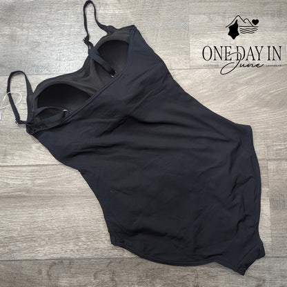 Eomenie Ribbed One Piece Swimsuit Black Ruched Tummy Control NWT Size L