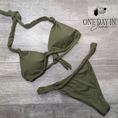 CharmLeaks Adjustable Triangle Tie Back Bikini Swimsuit Olive Green NWT Size L