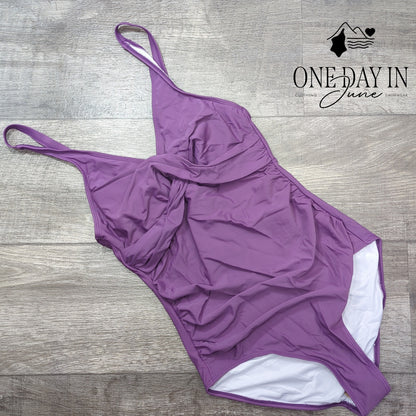 Adisputent Twist Front One Piece Swimdress Purple Ruched Swimsuit Size S