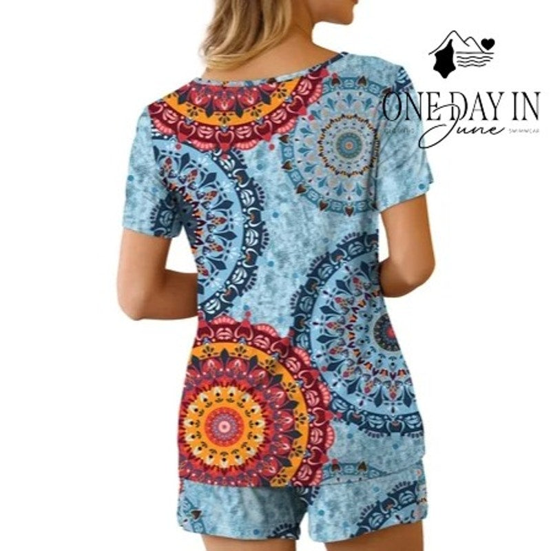 Ekouaer Mandala Print Pajama Shorts Set Size S Blue Boho V Neck NWT Size S
