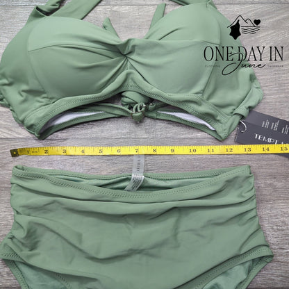 Tempt Me Cross Front High Waisted Bikini Swimsuit Sage Green NWT Size M