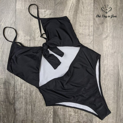 Qearal Strappy Tie Knot One Piece Swimsuit Black Cutout Monokini Size L