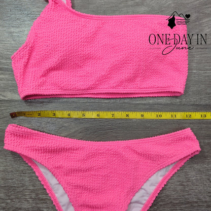 Aleumdr Textured One Shoulder Bikini Swimsuit Hot Pink 2 Piece Size S