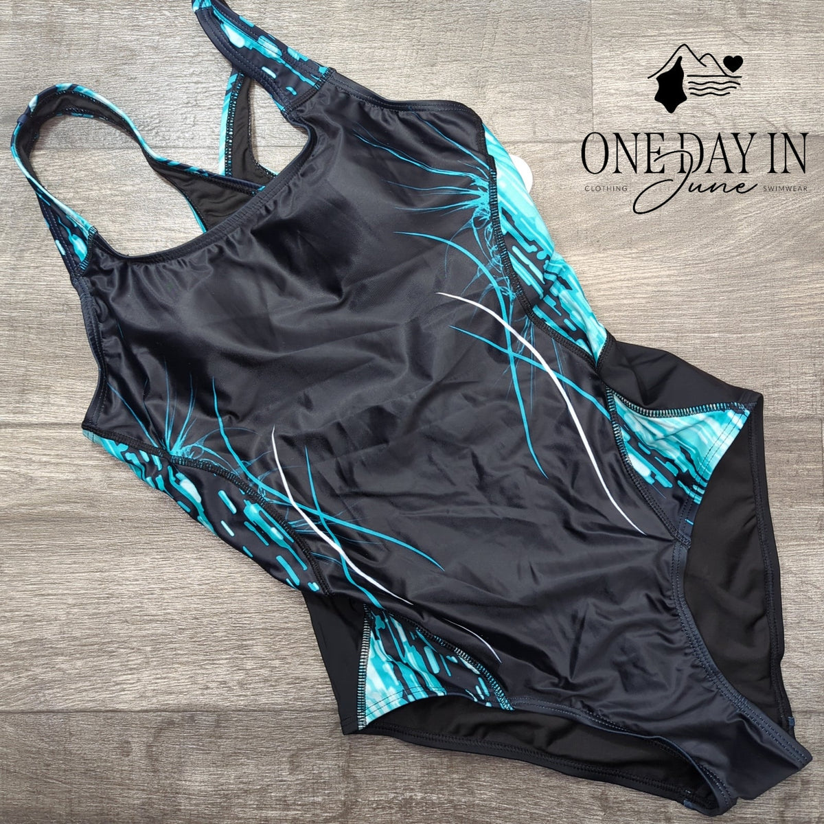 Charmo Sport One Piece Swimsuit Black Turquoise Racerback NWT Size M
