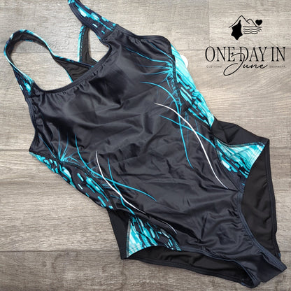 Charmo Sport One Piece Swimsuit Black Turquoise Racerback NWT Size M
