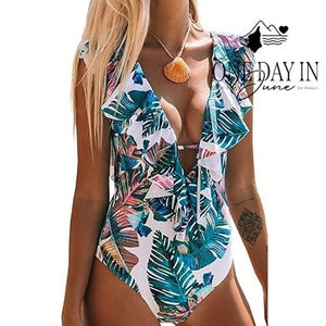 Sporlike Ruffle Shoulder Tropical One Piece Swimsuit Size S