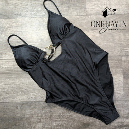 Juicy Couture Heart Front V Neck One Piece Swimsuit Size L