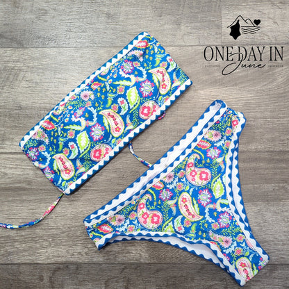 Zaful Floral Paisley Bandeau Bikini Swimsuit Blue NWT Size s