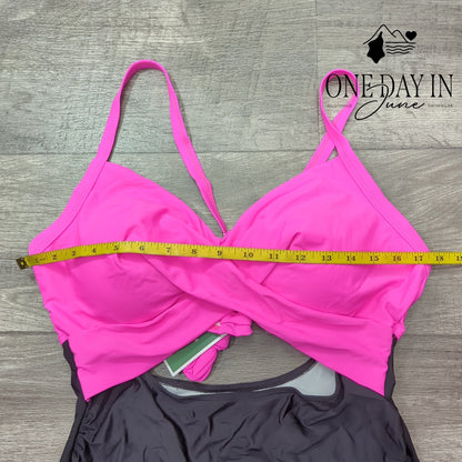 Eomenie Cross Front Cut Out One Piece Swimsuit Pink Black NWT Size XL