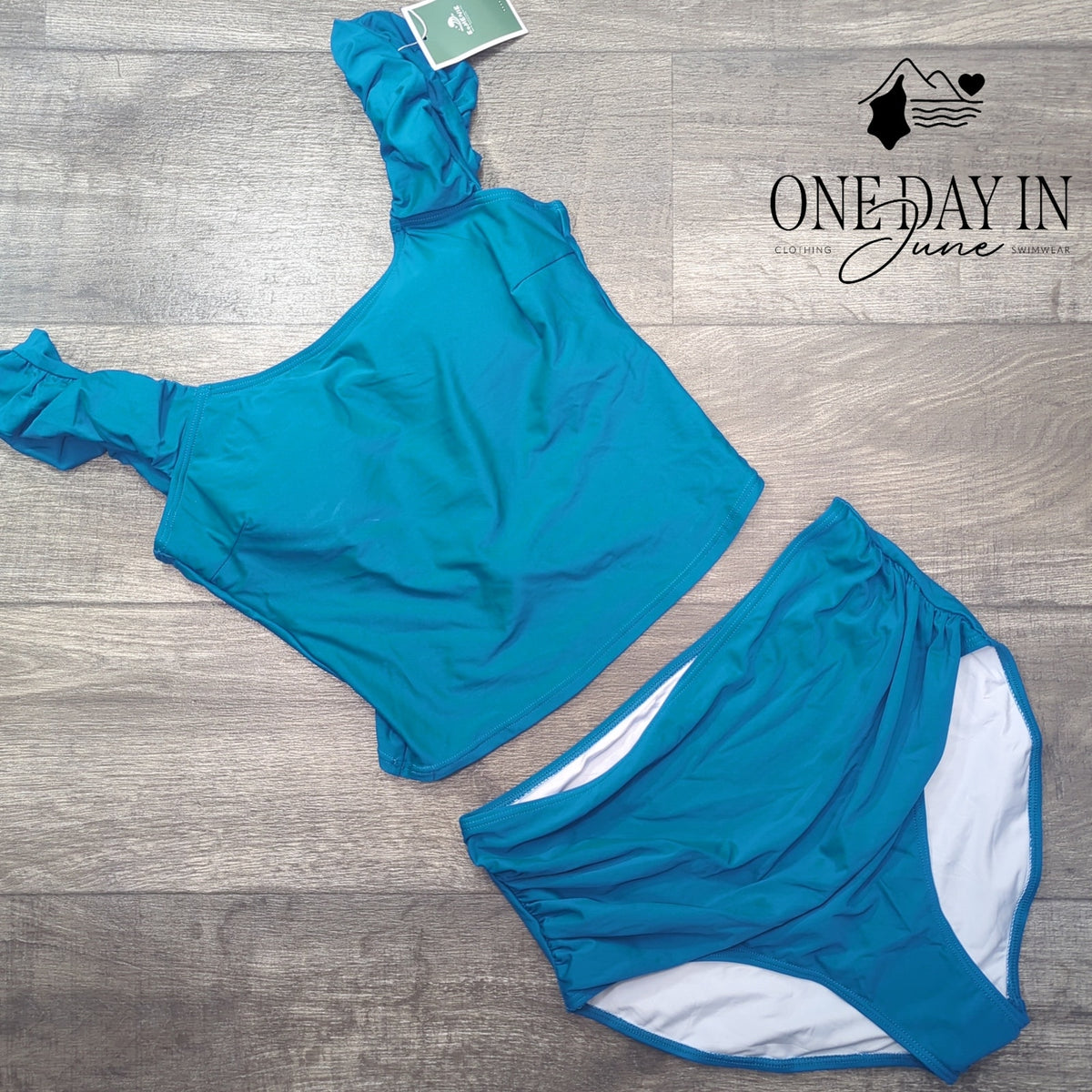 Eomenie Ruffle Shoulder High Waist Bikini Swimsuit Teal Blue NWT Size L
