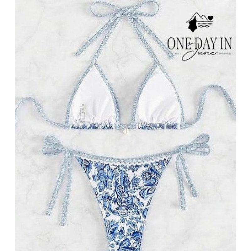 CharmLeaks Blue White Floral Paisley Triangle Tie Side Bikini Swimsuit Size M