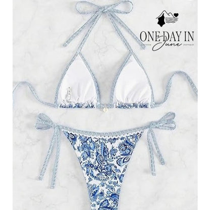 CharmLeaks Blue White Floral Paisley Triangle Tie Side Bikini Swimsuit Size M