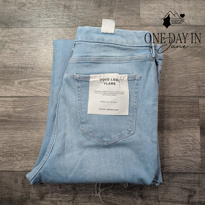 Good American Good Legs Flare Jeans Light Wash Raw Hem NWT Size 16