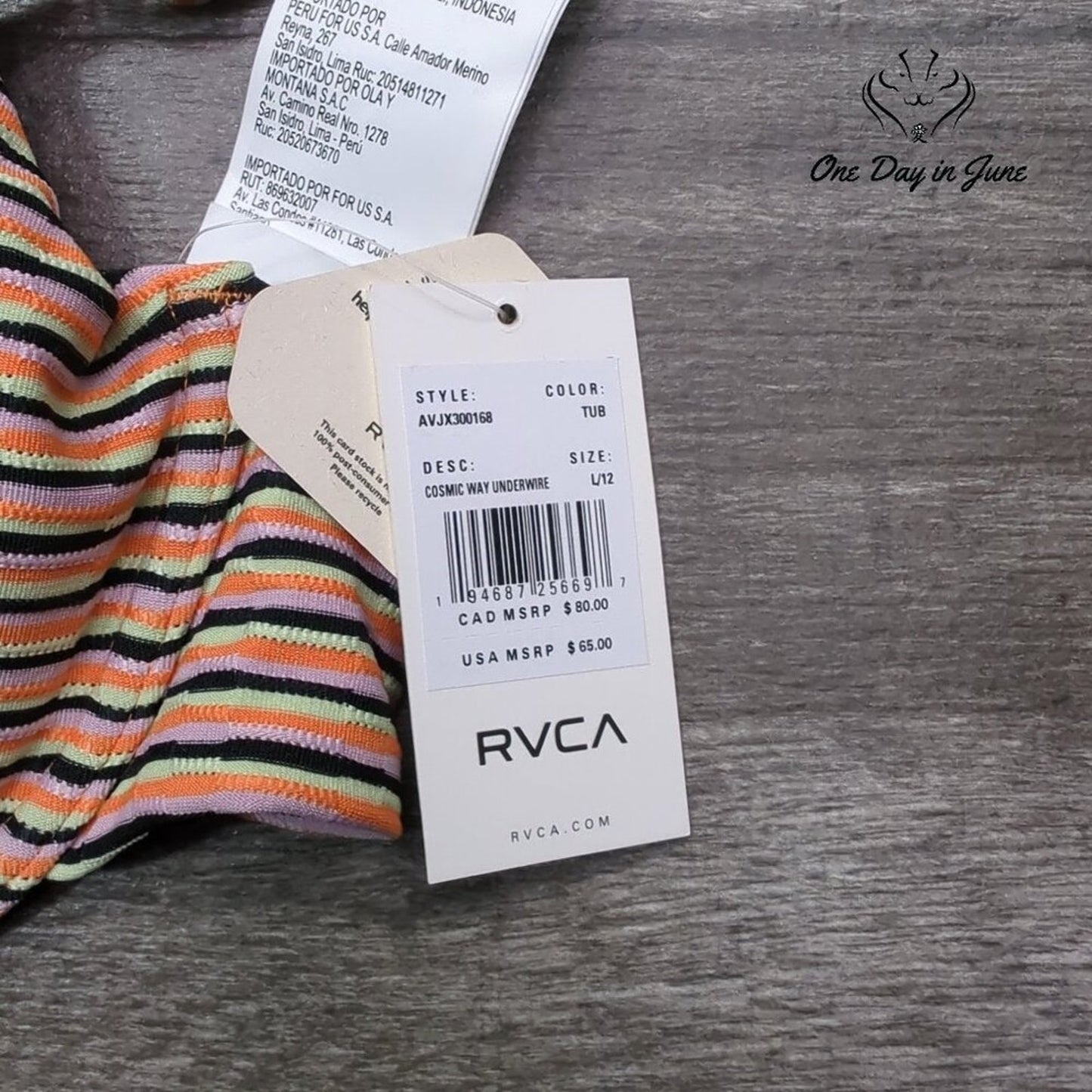 RVCA Cosmic Way Underwire Bikini Top Striped NWT $65 Size L