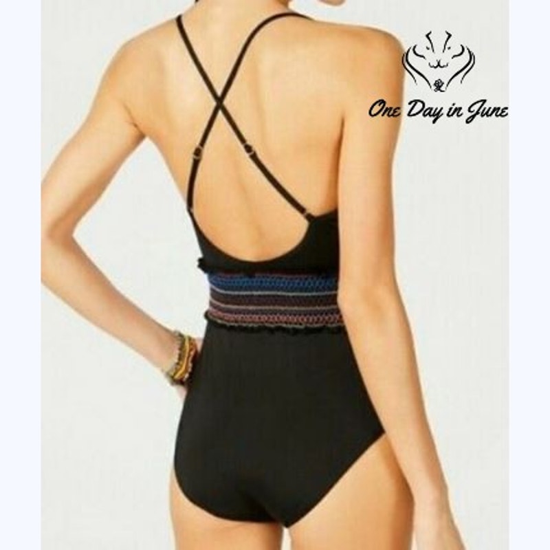 Bar III Smocking Solids Plunge One Piece Swimsuit Black Rainbow NWT Size L