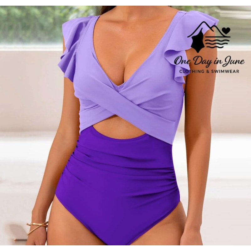 B2Prity Plus Size Cut Out Ruffle Shoulder One Piece Swimsuit Size 2XL