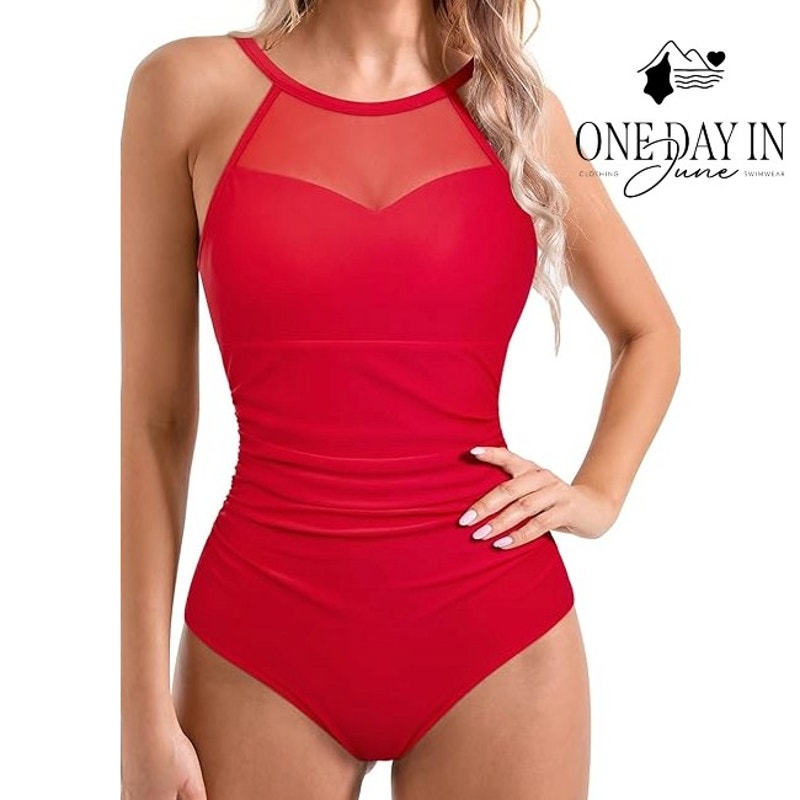 Suuksess High Neck Mesh Tummy Control One Piece Swimsuit Red Size M