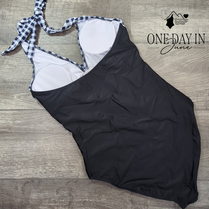 Suuksess Gingham Halter One Piece Swimsuit Black White NWT Size M