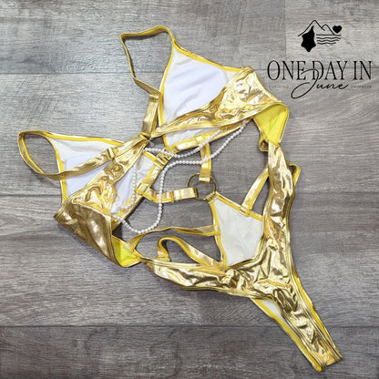 Beaudrm Pearl Accent Cut Out Thong One Piece Swimsuit Size S