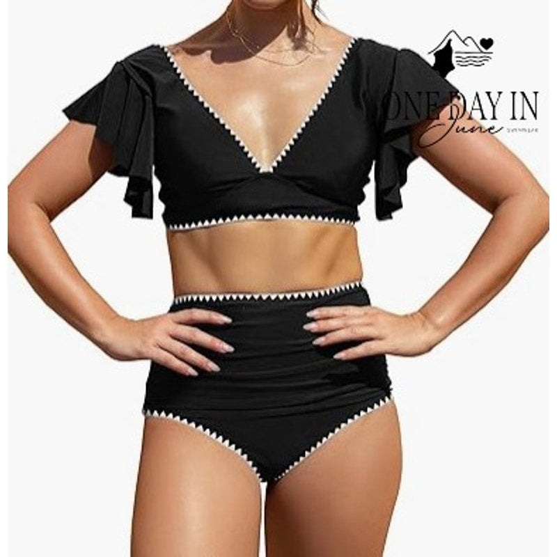 Sporlike Ruffle Shoulder Tie Back High Waist Bikini Swimsuit Black NWT Size M
