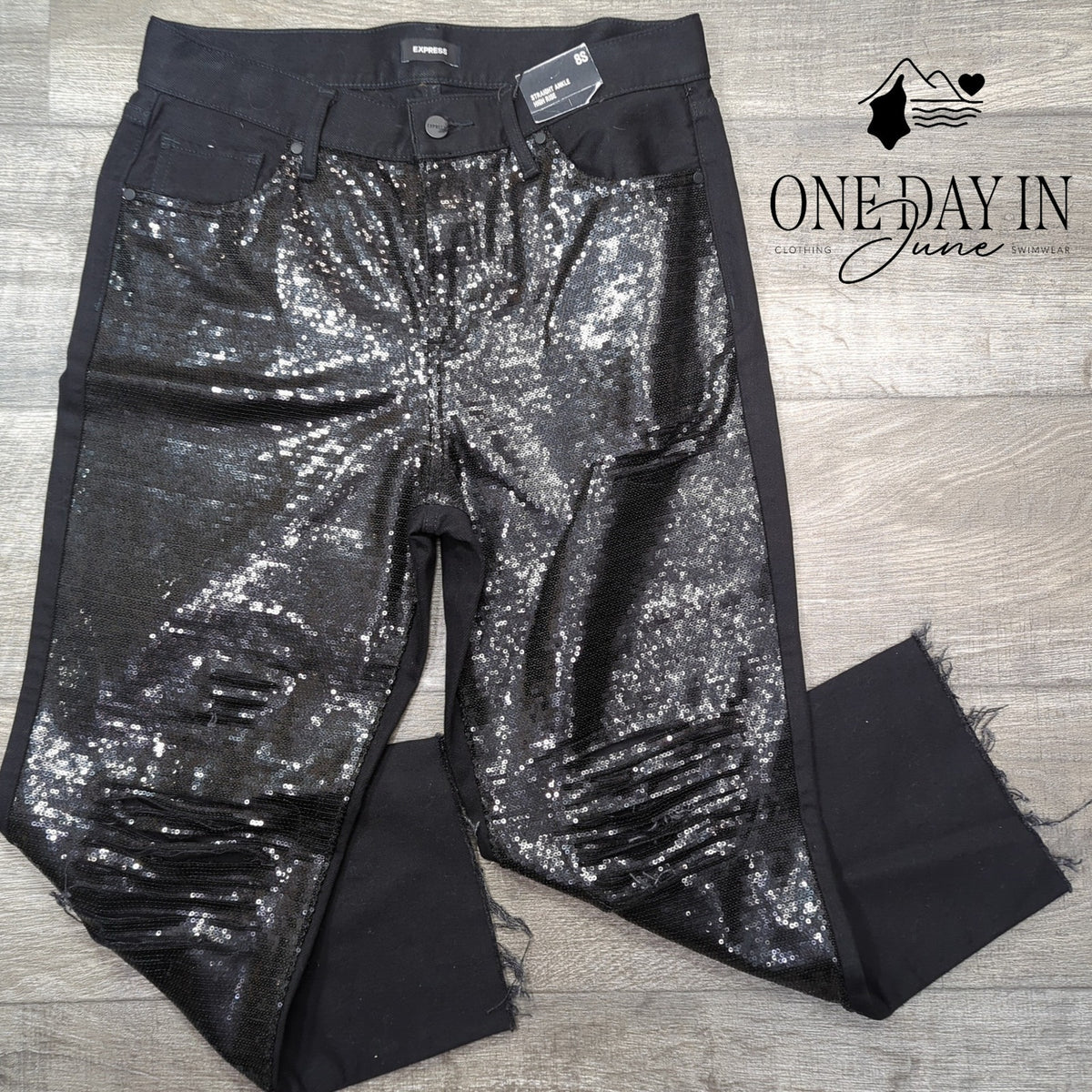 Express Sequin Straight Ankle High Rise Jeans Black Distressed NWT Size 8S