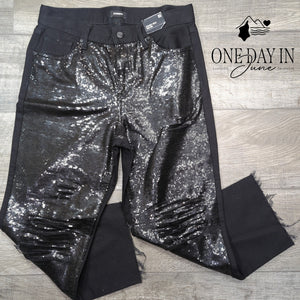 Express Sequin Straight Ankle High Rise Jeans Black Distressed NWT Size 8S