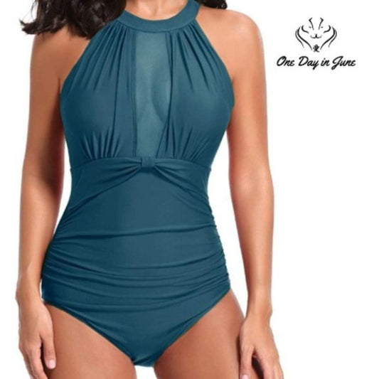 Tempt Me High Neck Plunge Mesh Ruched Monokini Size XS