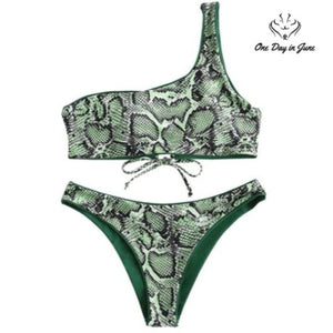 Zaful Reversible Bikini Green Snakeskin One Shoulder Lace Up NWT Size S
