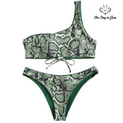 Zaful Reversible Bikini Green Snakeskin One Shoulder Lace Up NWT Size S