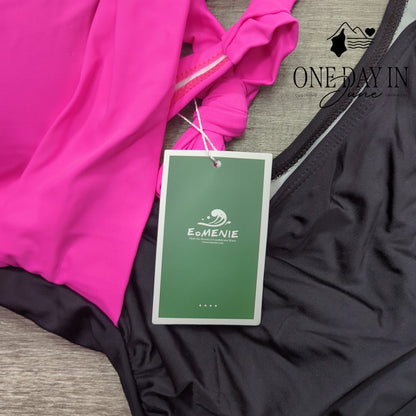 Eomenie Cross Front Cut Out One Piece Swimsuit Pink Black NWT Size XL