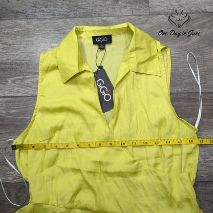 GiGiO Sleeveless Wrap Blouse Neon Yellow Collared Ruffle Peplum NWT Size M