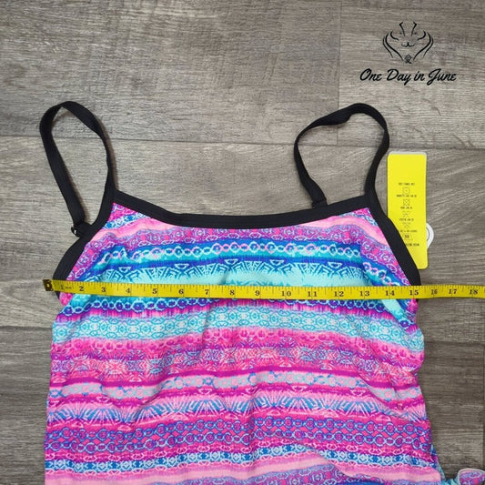 Sportswear Double Up Tankini Swimsuit Pink Blue Print Black NWT Size L