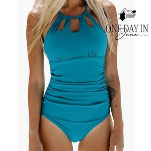 Cupshe High Neck One Piece Swimsuit Teal Ruched Cutout Tie Back NWT Size S