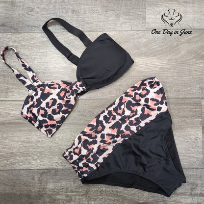 ODIJ Colorblock  Leapoard Knot Bikini Swimsuit Size L