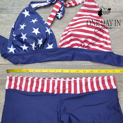 Adisputent American Flag Halter Bikini Swimsuit Boyshorts Red Blue Size L