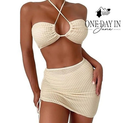 Aleumdr 3 Piece Bikini Swimsuit Cream Textured Halter Skirt Set Size XS