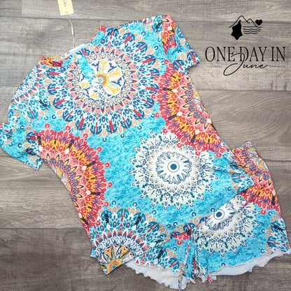Ekouaer Mandala Print Pajama Shorts Set Size S Blue Boho V Neck NWT Size S