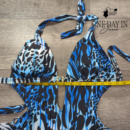 Wearified Deep V Halter Cutout Tie One Piece Swimsuit Size M